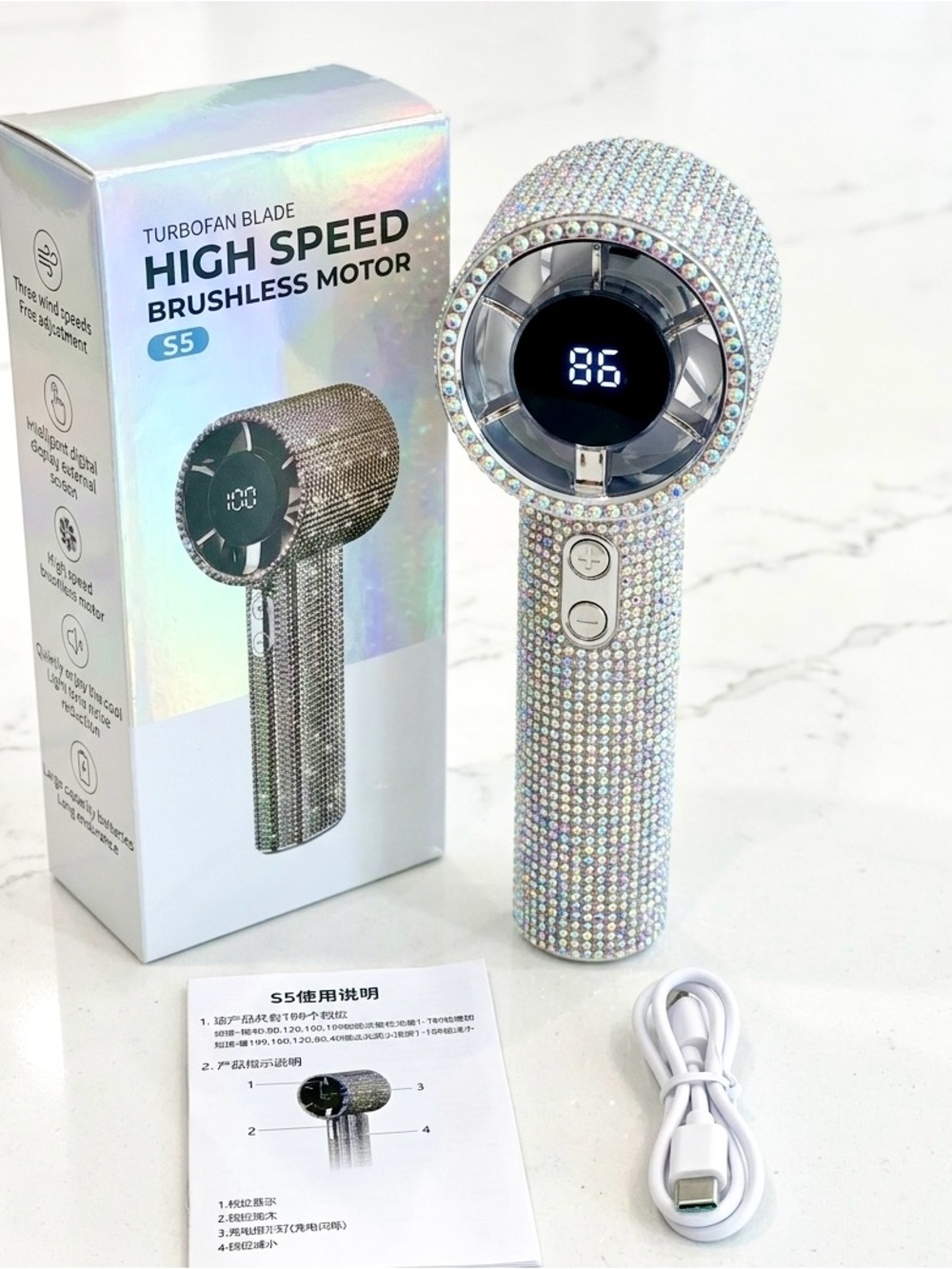 Bling Rhinestone Rechargeable Handheld Fan – NIB